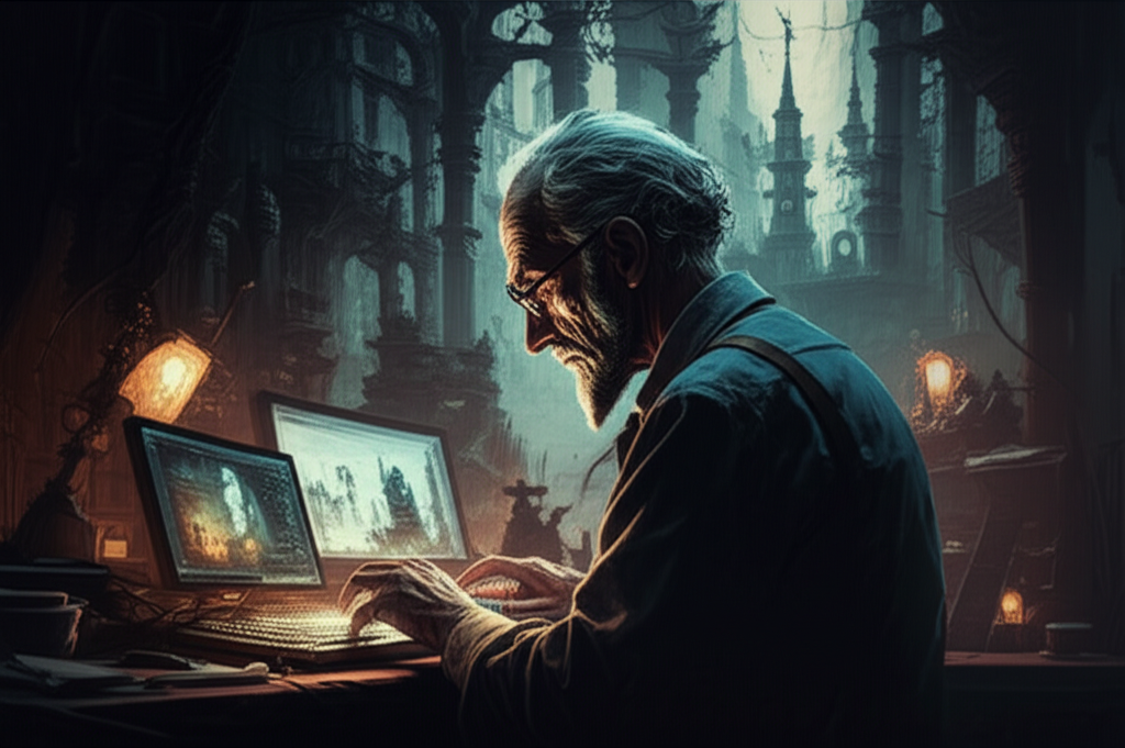 About Old Man Coder Games - vintage gaming setup with retro computers and classic games